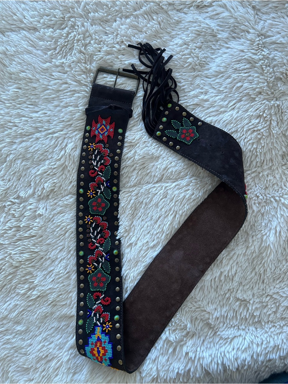 Boho Black Embroidered Floral Fringe Belt
